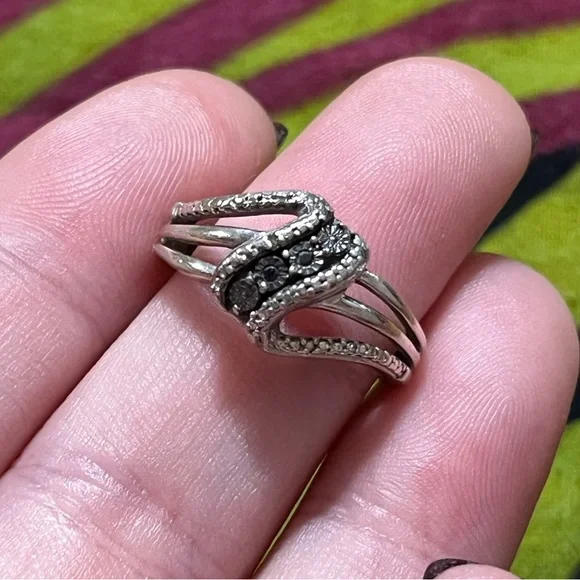 VTG JWBR Signed Black Diamond Chip Sterling Silver 925 Size 6 Estate Ring - Picture 3 of 8